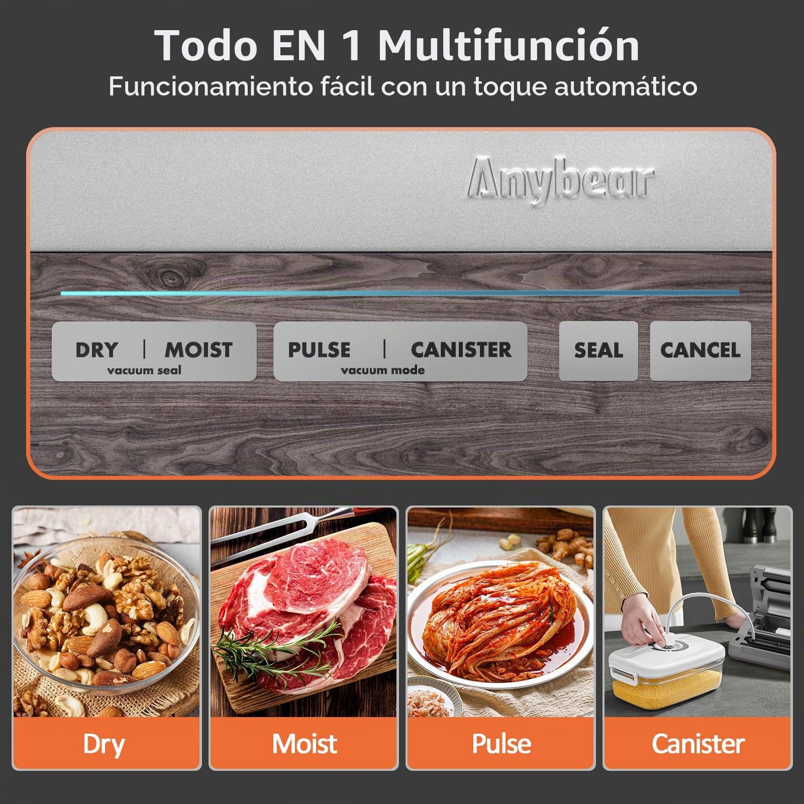 Selladora al vacío, 90 kPa, 100 W, sellado ancho, potente almacenamiento de alimentos, cortador integrado | Almacenamiento de bolsas | Pantalla digital de cuenta regresiva (Gris)
