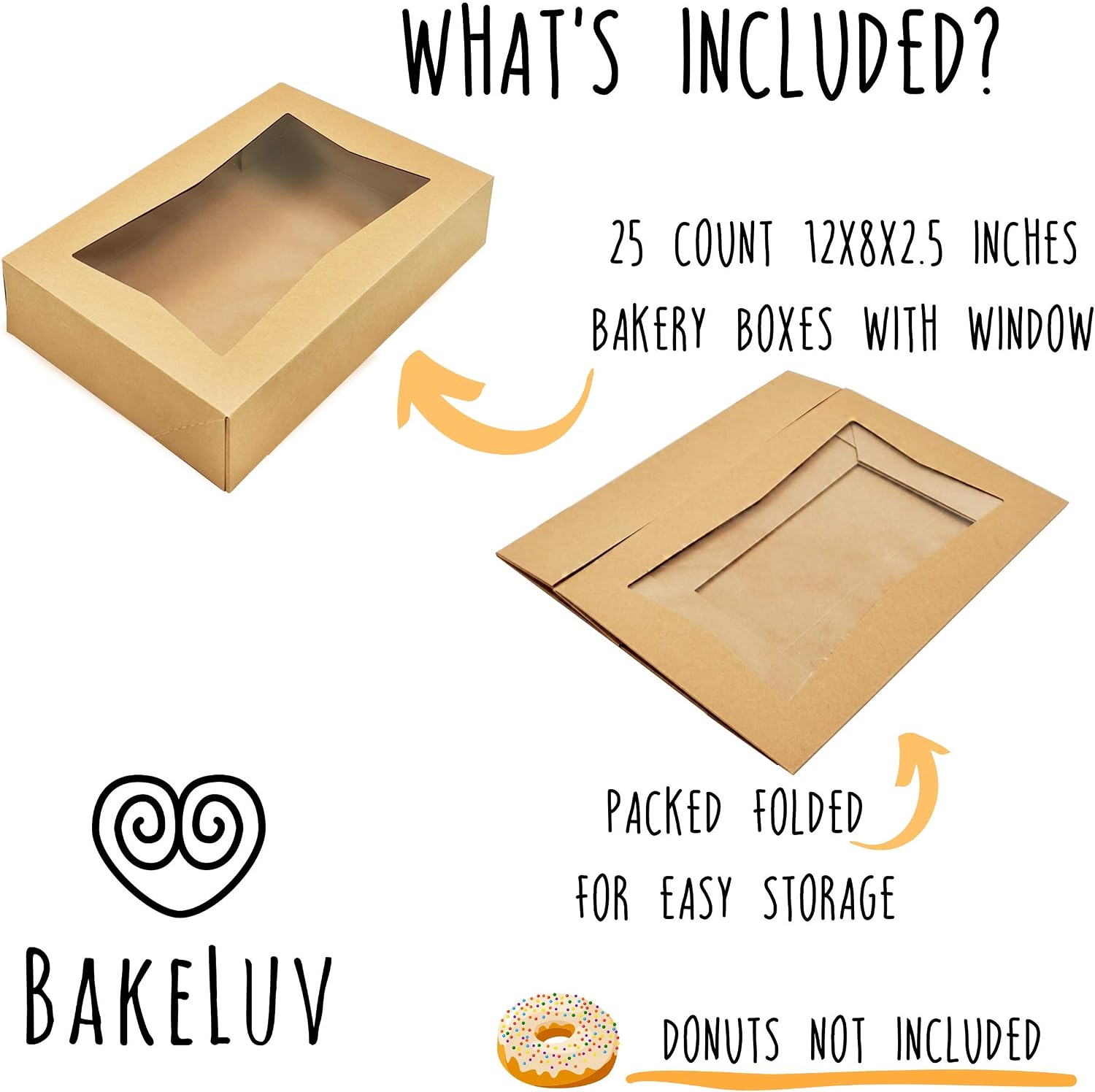 BAKELUV 12x8x2.5” Brown Bakery Boxes with Window | 25 Pack | Pastry Boxes, Donut Boxes, Dessert Boxes, Rectangle Bakery Boxes, Long Bakery Boxes, Cookie Boxes, Donut Boxes | Breakable Hearts, Brownies, Treats