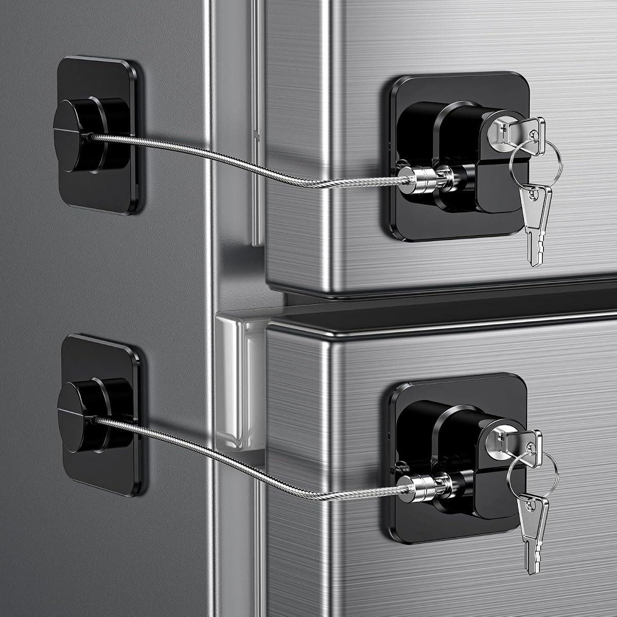 Paquete de 2 cerraduras para refrigerador con 4 llaves, cerradura de seguridad para niños para cerraduras de puertas de refrigerador, gabinetes, congelador, cajones de escritorio, guardarropas, armarios, ventanas, sin necesidad de herramientas ni taladros (patente)