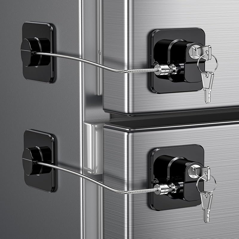 Paquete de 2 cerraduras para refrigerador con 4 llaves, cerradura de seguridad para niños para cerraduras de puertas de refrigerador, gabinetes, congelador, cajones de escritorio, guardarropas, armarios, ventanas, sin necesidad de herramientas ni taladros (patente)