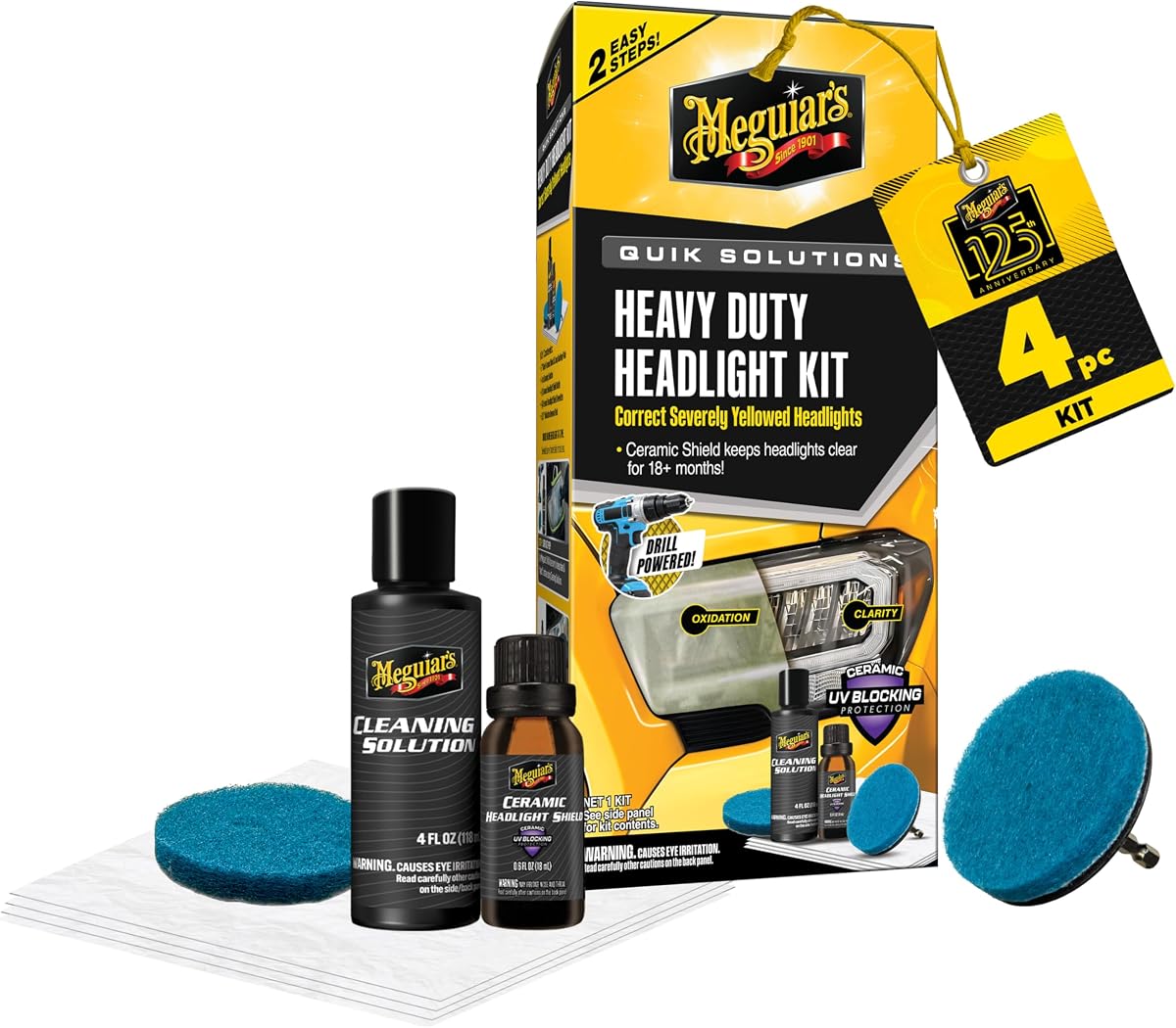 Meguiar's Heavy Duty Headlight Kit | Includes Headlight Cleaner, Ceramic Protection, Drill Backing Plate, Pads& Towelettes,18+ Months of Protection, Car Care Kit