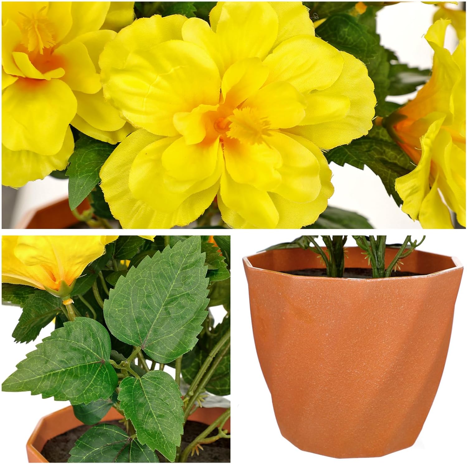 Briful Artificial Hibiscus Flowers in Pot, 14.1" Faux Tropical Flower Plant for Outdoor Porch, Potted Yellow Hibiscus Tabletop Decor for Living Room, Dining Table, Kitchen, Office, Indoor Home Décor