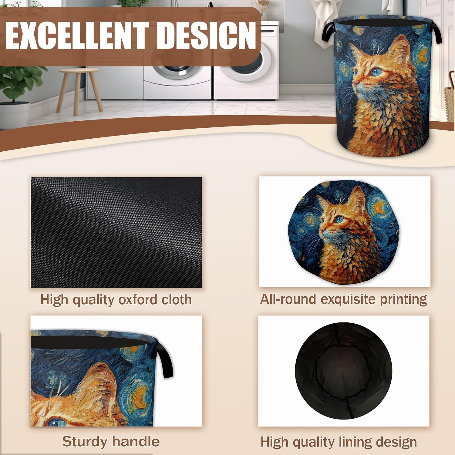 Cute Cat Laundry Baskets,Starry Night Laundry Hamper,Storage Basket with Handles for Bathroom Bedroom College Dormitory Living Room Nursery Organizer 16"x20.8"