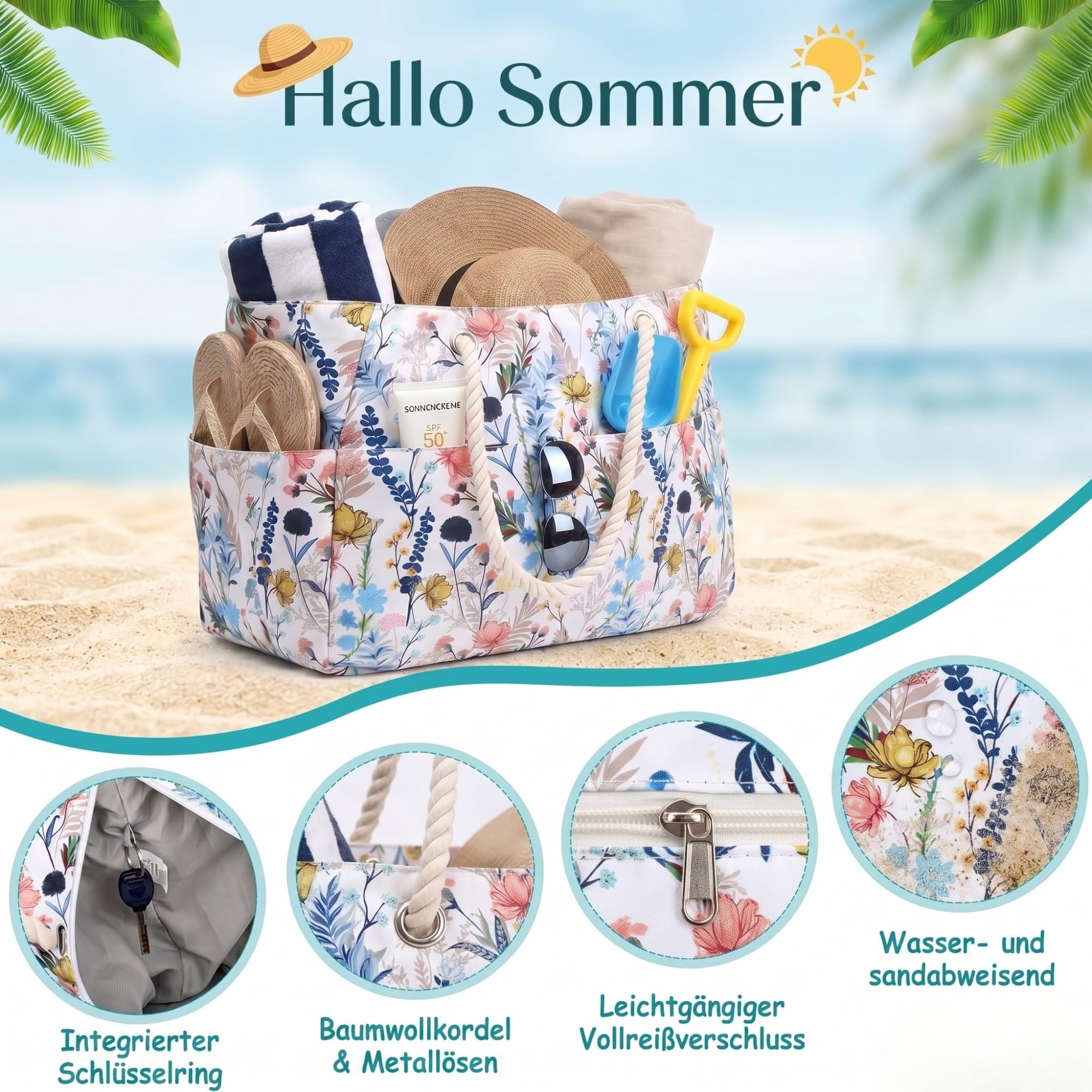 Suweir Borsa Mare Donna Grande XXL Famiglia Borsa da Spiaggia con Cerniera e tasca Impermeabile Borsa da Mare Beach Bag Shopping Borsa Tote Bag per Spiaggia Viaggio Piscina Vacanze