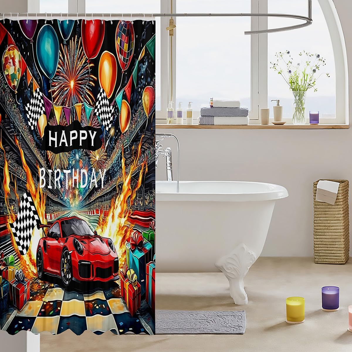 Erosebridal Race Car Birthday Shower Curtain 72" Wx72 L,Racing Flag Bathroom Shower Curtain,Party Decorations Waterproof Bathroom Curtains Cool Extreme Sports Competition Bath Curtains Plaid Decor image 3