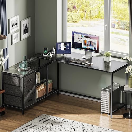 Miniatura 2 de SUPERJARE Escritorio en forma de L de 63 pulgadas con tomas de corriente, escritorio de computadora con cajones y estantes, escritorio de esquina