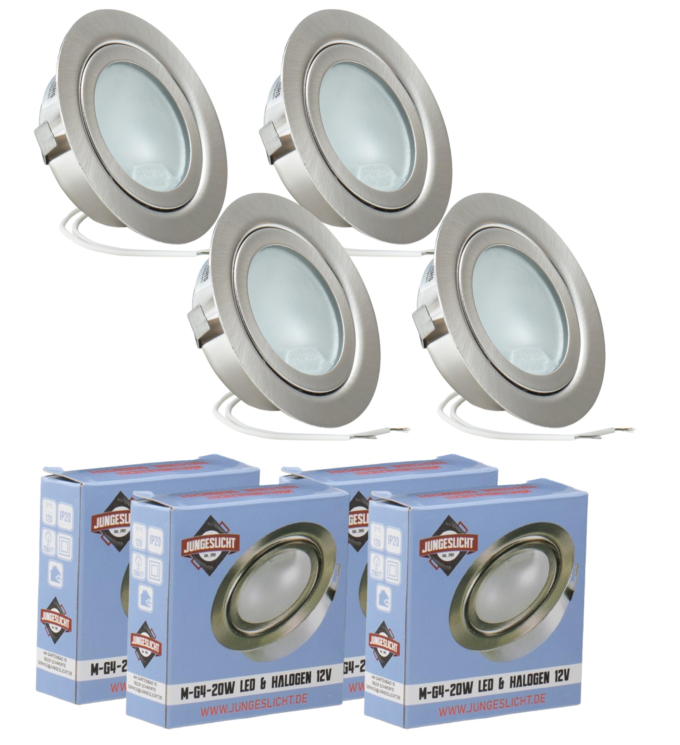 JungesLicht - Möbeleinbauleuchte 12V G4 20W, Bohrloch 55-60mm passend, Tiefe 23mm, Außen 73mm, gebürstet, (Halogen Leuchtmittel inklusive, LED geeignet), dimmbar, Möbelleuchte, Spiegelleuchte, 4 Stück