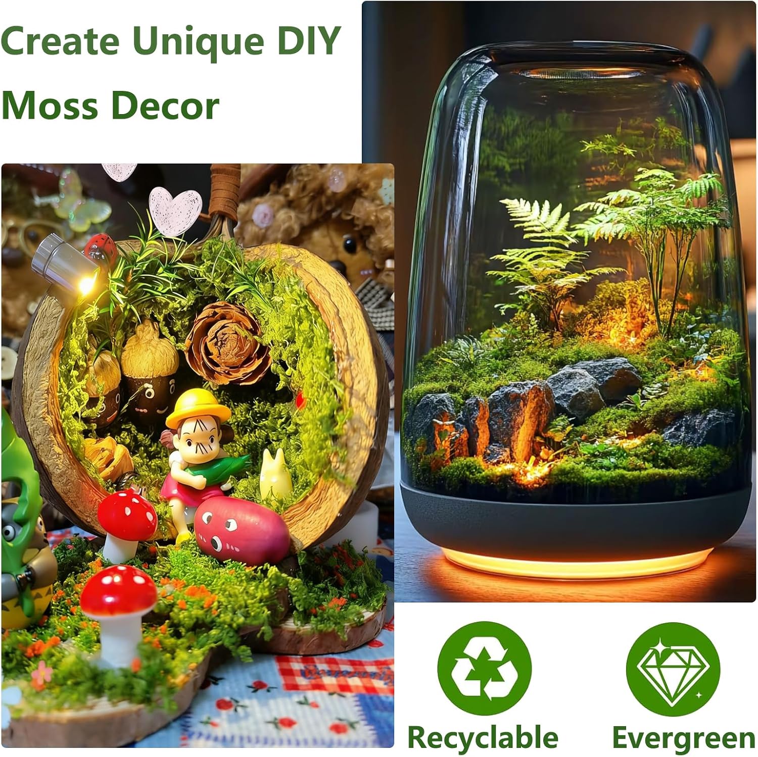 Fake Green Moss for Crafts Potted Plants Indoor, Artificial Moss for DIY Centerpieces, Fairy Garden, Glass Containers, Faux Moss for Wedding Party, Floral Wall Home Indoor Outdoor Decor