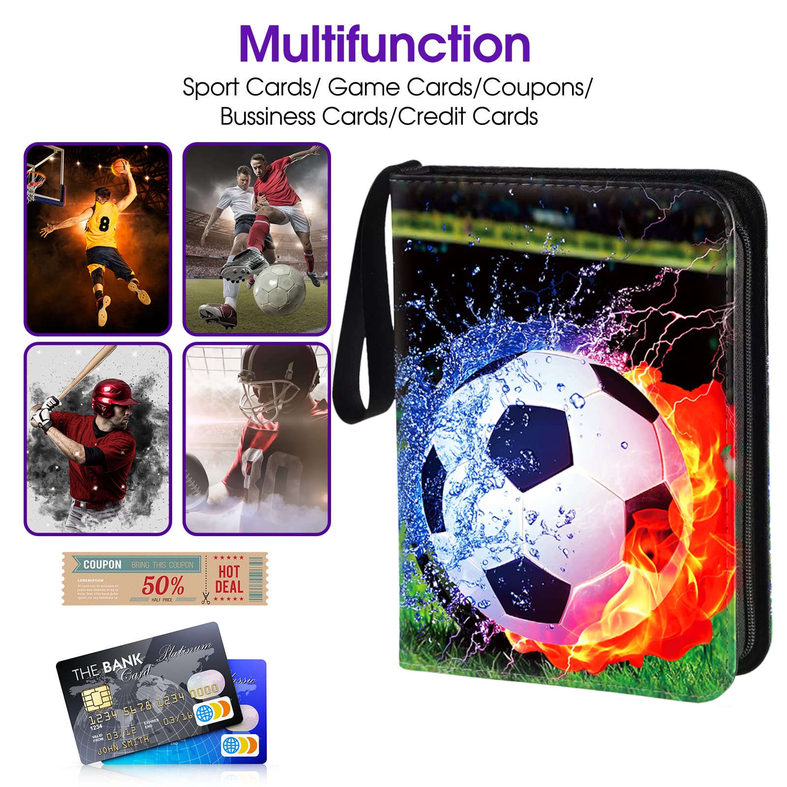 Carpeta de tarjetas de fútbol con mangas, 400 bolsillos para tarjetas de intercambio, 4 bolsillos con 50 fundas extraíbles con cremallera, carpeta de libros, álbum de coleccionista, carpeta de 3 7