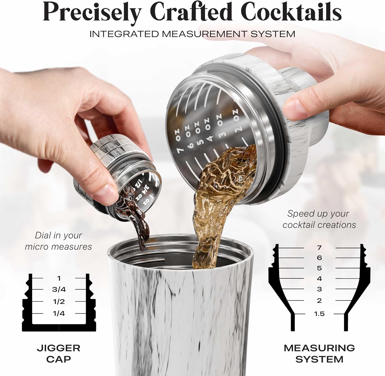 BARE BARREL Insulated Cocktail Shaker Set | Double Wall Stainless Steel | Martini Shaker for Home Bar Bartending | Built-in Drink Measure System & Strainer, Travel Bag, Recipes | Gift Set (Marble)