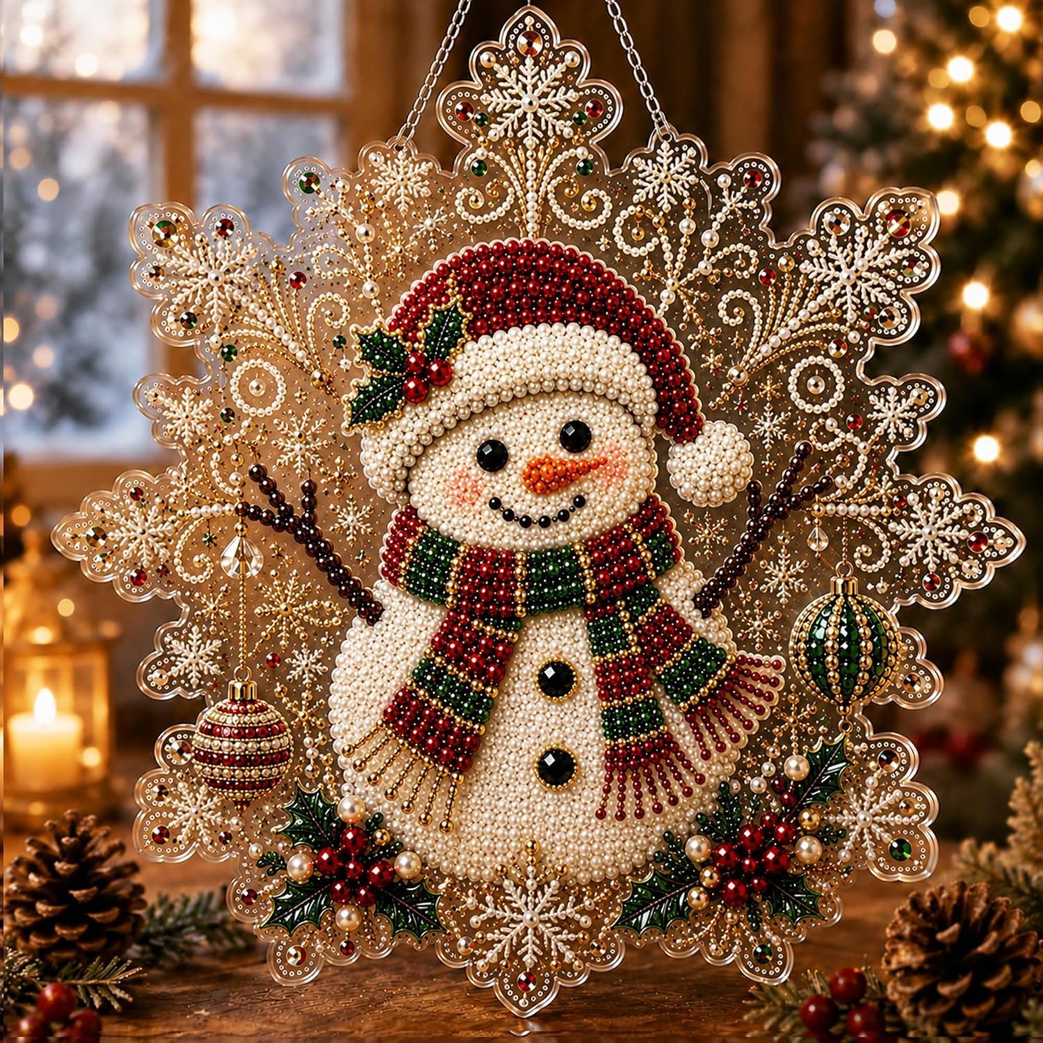 Christmas Diamond Art Kits for Adults, Pearl Diamond Painting Suncatcher Kit DIY Craft 3D Pre-Assembled Metal Chain Acrylic Snowflake Shape Board with Lace Edge Mixed-Sized Pearl Beads Craft