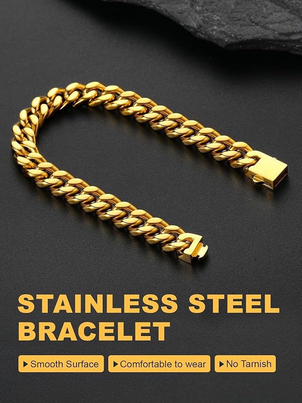 U7 Link Chain Bracelets for Men, Stylish 18k Gold Plated Solid Chain Bracelet Jewelry 9mm for Birthday Anniversary by U7 - Used condition - Image 8