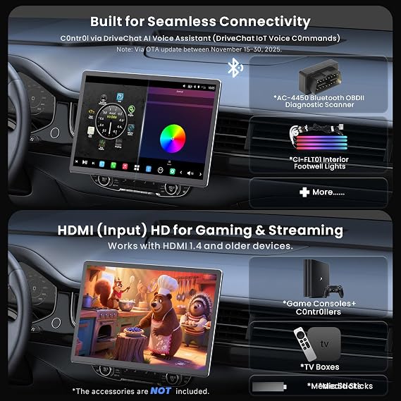 14.1 QLED Touchscreen Single & Double DIN Android AI Car Stereo, with Dashcam, Emergency Lock, GPS Tracking, 7.1.2 Audio, 4V RCA, HDMI in, 4G LTE, 8G+128G, Wireless CP&AA, ADS Protocol, X10G141E