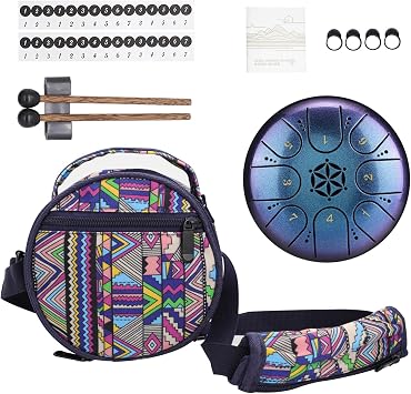 Rayzm Titanium Steel Tongue Drum with a Carry Bag, 5 Inches (13cm) 8 Notes Diatonic Scale Handpan Tank Drum Kit, Portable C-Key Percussion Instrument.