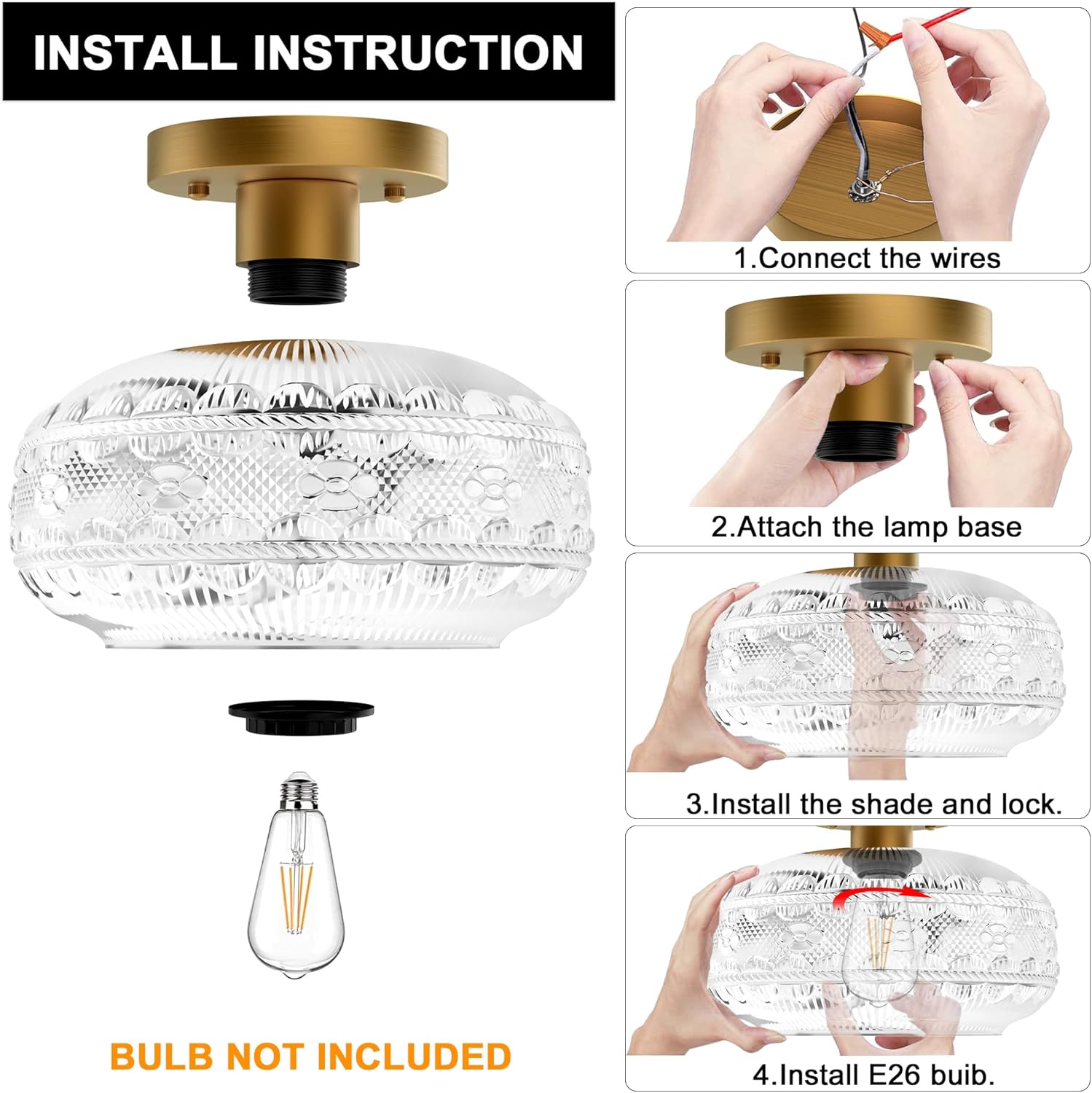 Industrial Semi Flush Mount Ceiling Light Fixture,Gold Globe Glass Hallway Lights Fixtures Ceiling,Vintage Ceiling Lights,Farmhouse Lights Fixture for Entryway Kitchen Bathroom,Bulb Not Included