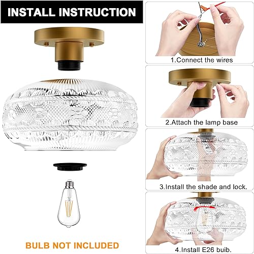 Miniatura 8 de Lámpara de techo industrial semiempotrada, lámpara de techo de cristal con globo dorado, lámparas de techo vintage, lámpara de granja para entrada,