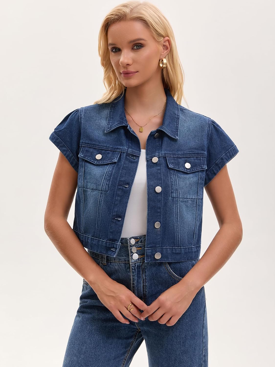 Women's Denim Jacket Cap Sleeve Cropped Button Down with Pockets Classic Jean Jackets - Image 6