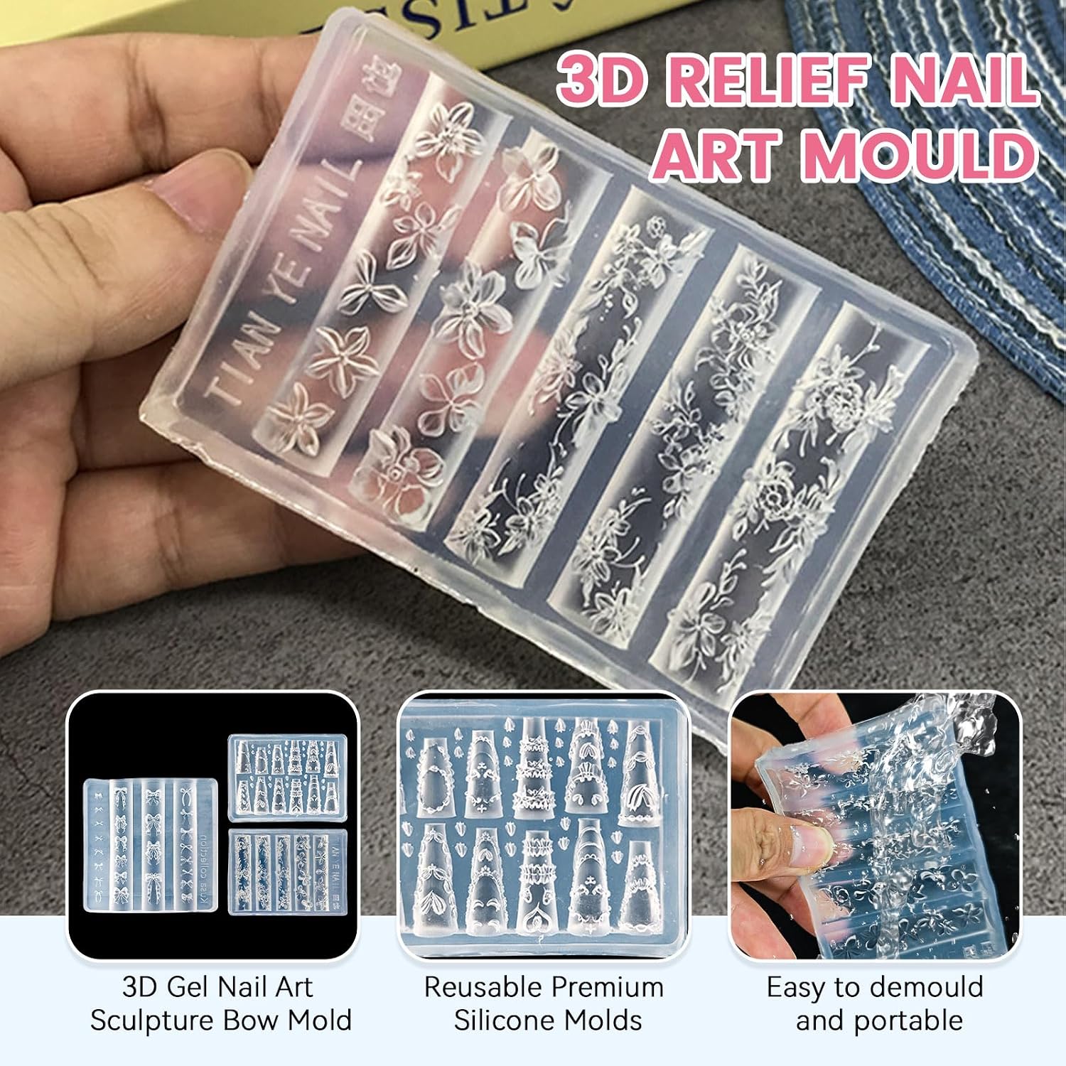 3PCS Silicone Nail Molds,Nail Silicone Mold Template,Lace Nail, Art Molds Design for Women Nail Decoration (3)