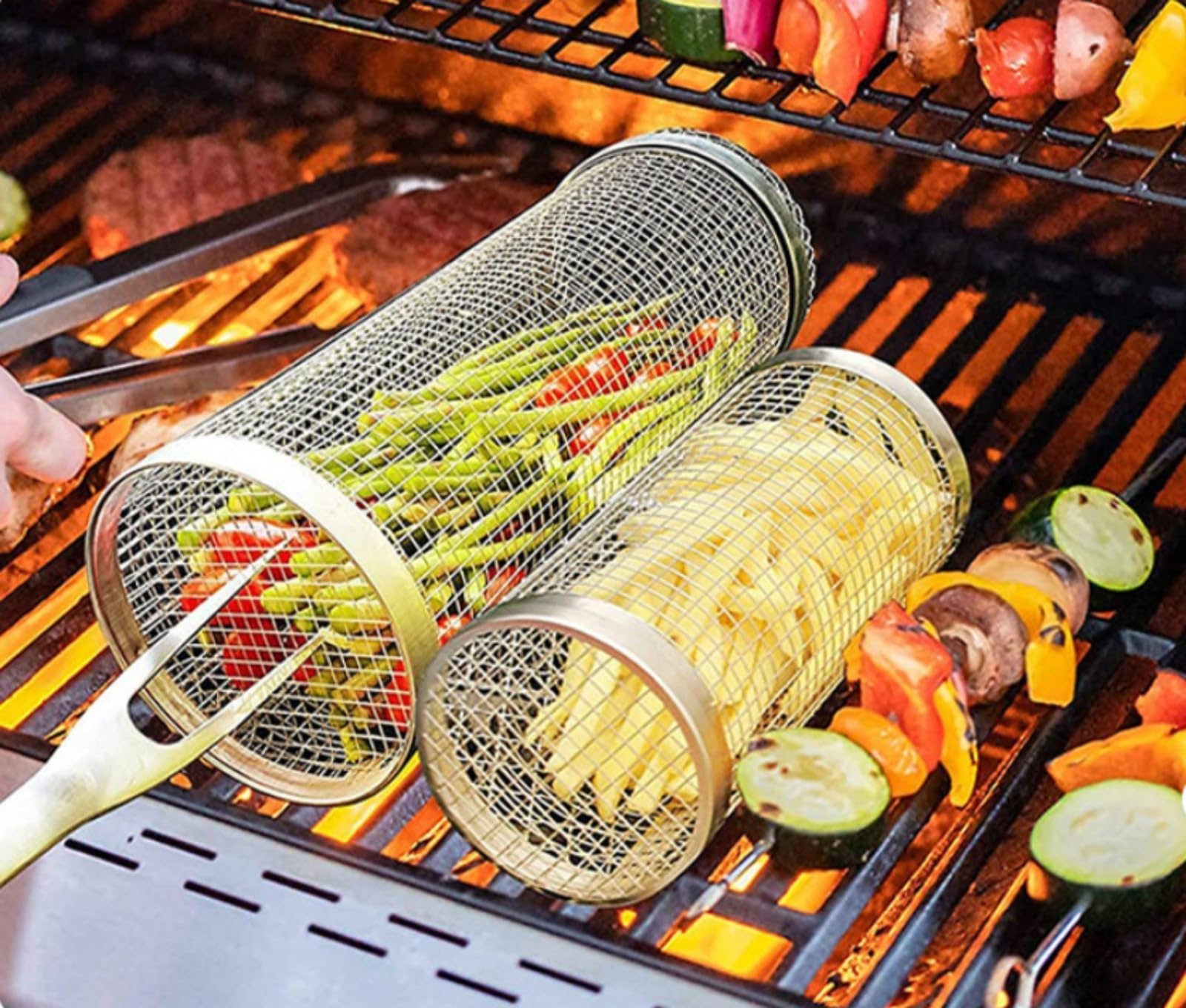 Cestello per barbecue rotante in acciaio inox, cestello cilindrico per barbecue, cestello portatile per barbecue da campeggio, adatto per grigliare verdure e carne, accessorio da cucina multifunzional