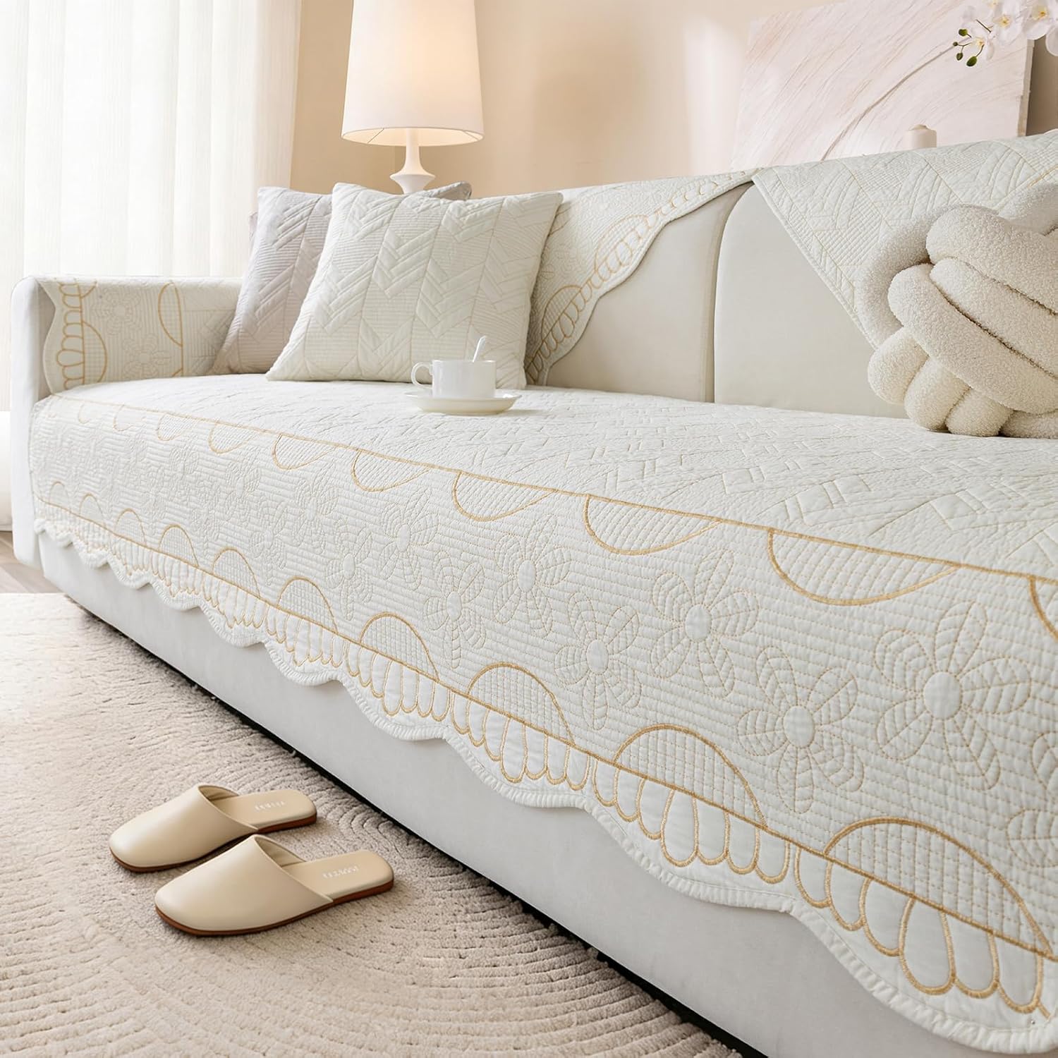 Cotton Quilted Pet Couch Covers for Sofa Farmhouse Rustic Floral Embroidery Sectional Couch Cover Soft Anti-Slip Sofa Slipcover Furniture Protector for Kids, Dogs, Pets (Cream,36"x63")