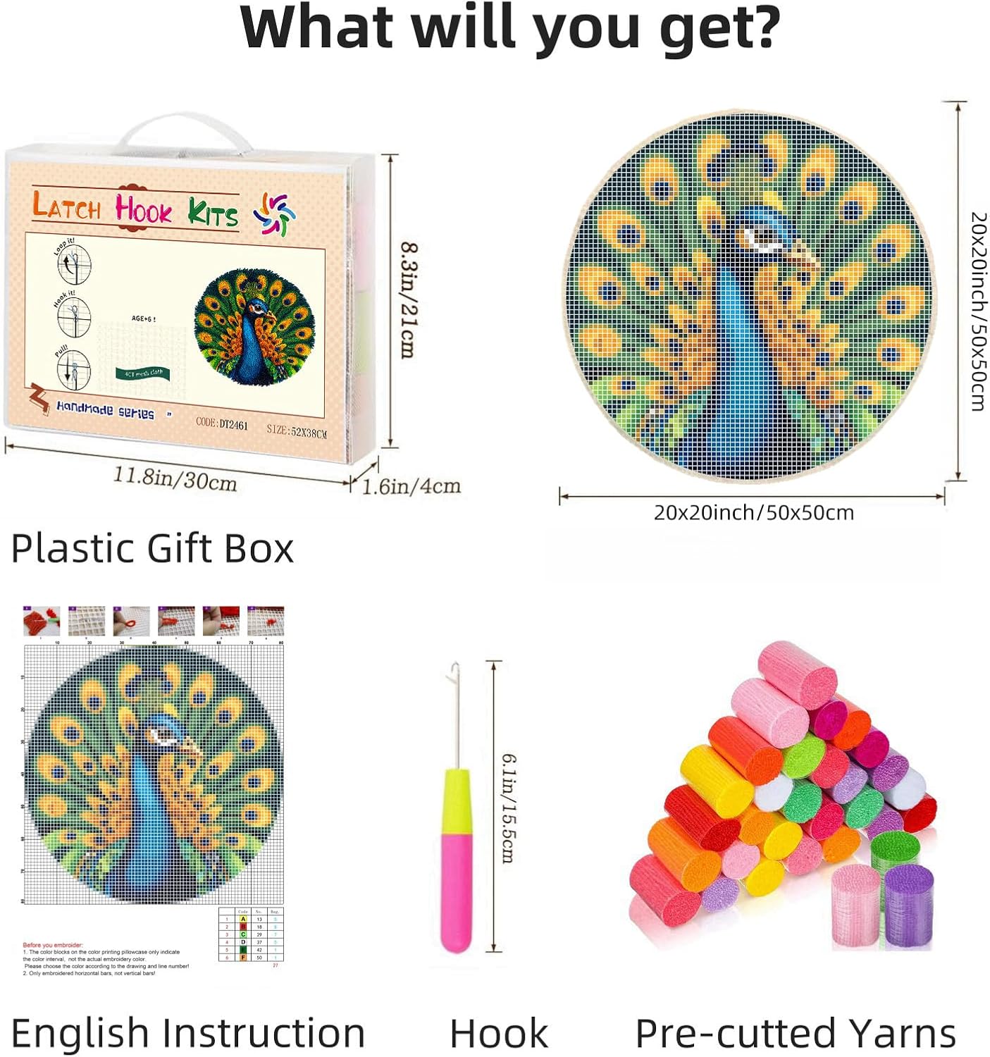 Latch Hook Rug Kit Peacock Stamped Handmade Round Shape Carpet Crochet Yarn Craft DIY Hook and Latch Door Mat Tapestry for Christmas Home Floor Decor 50x50cm(4)