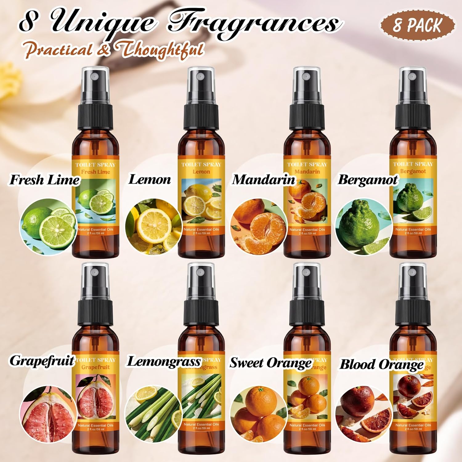 8 Pack Toilet Spray Bathroom Odor Eliminator, 2oz Pre-poop Travel Size Air Freshener Spray with Essential Oil Scents, Long Lasting Bathroom Deodorizer for Home, Office & Travel Use(Brown,Fruit)