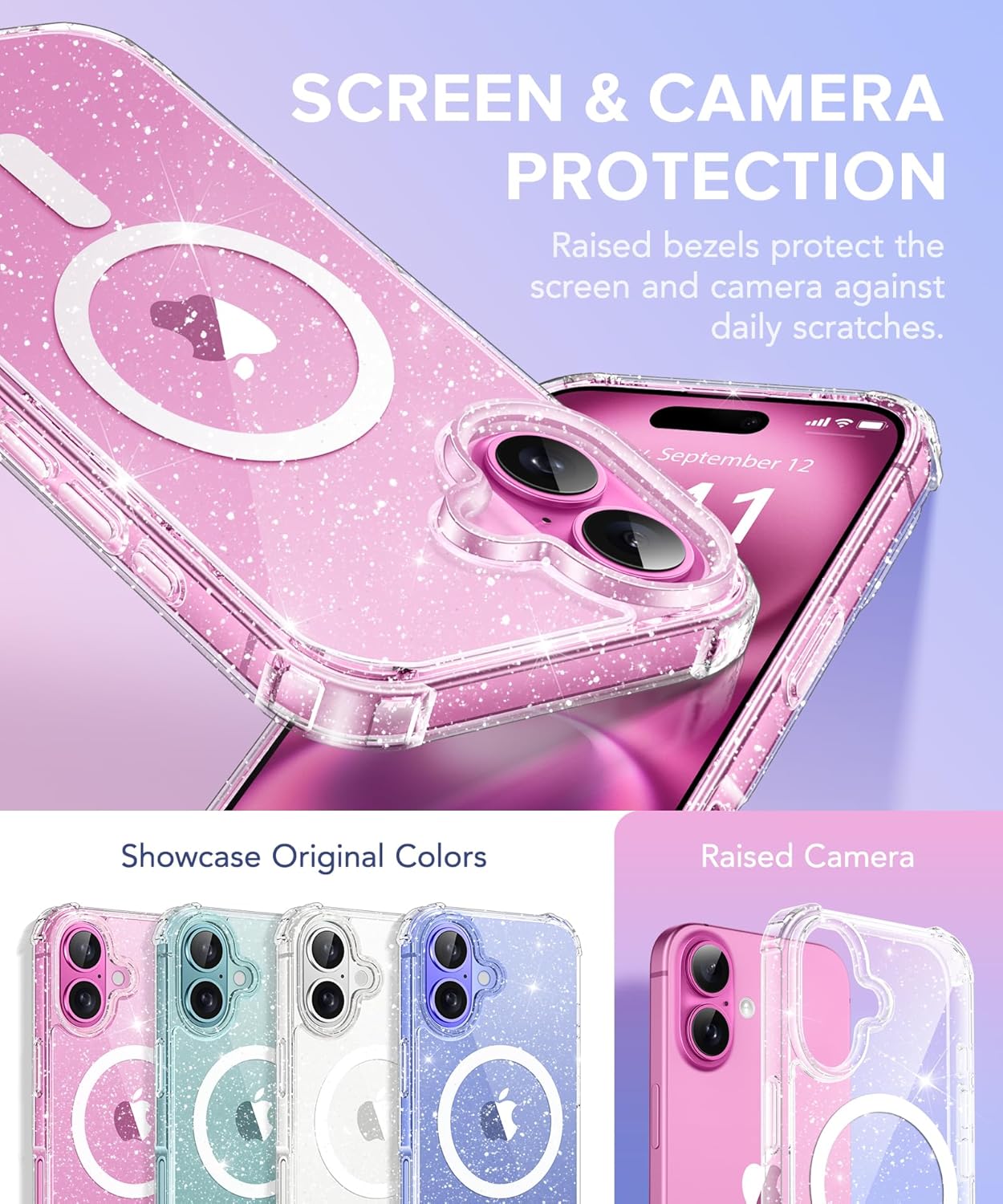 BERFY Magnetic for iPhone 16 Case, [Compatible with Magsafe], with Screen Protector + Camera Lens Protector, [Non-Yellowing] Clear Sparkly Shockproof Hard Phone Case for Women 6.1", Shiny Clear - Image 2