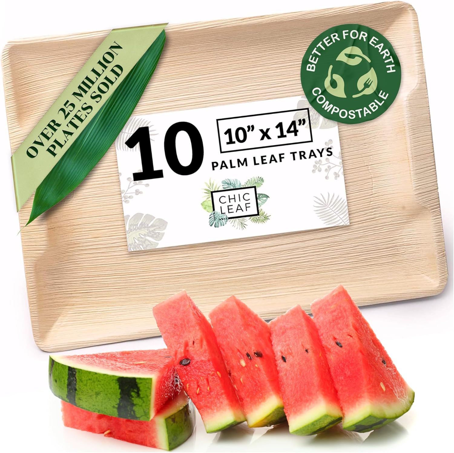 Chic Leaf All Natural Compostable & Disposable Rectangular Palm Leaf Platter for 4th of July – Bamboo Platter Serving Trays for Party Appetizers – Charcuterie Board – Bamboo Plates (10″ x 14″, 10 pc)