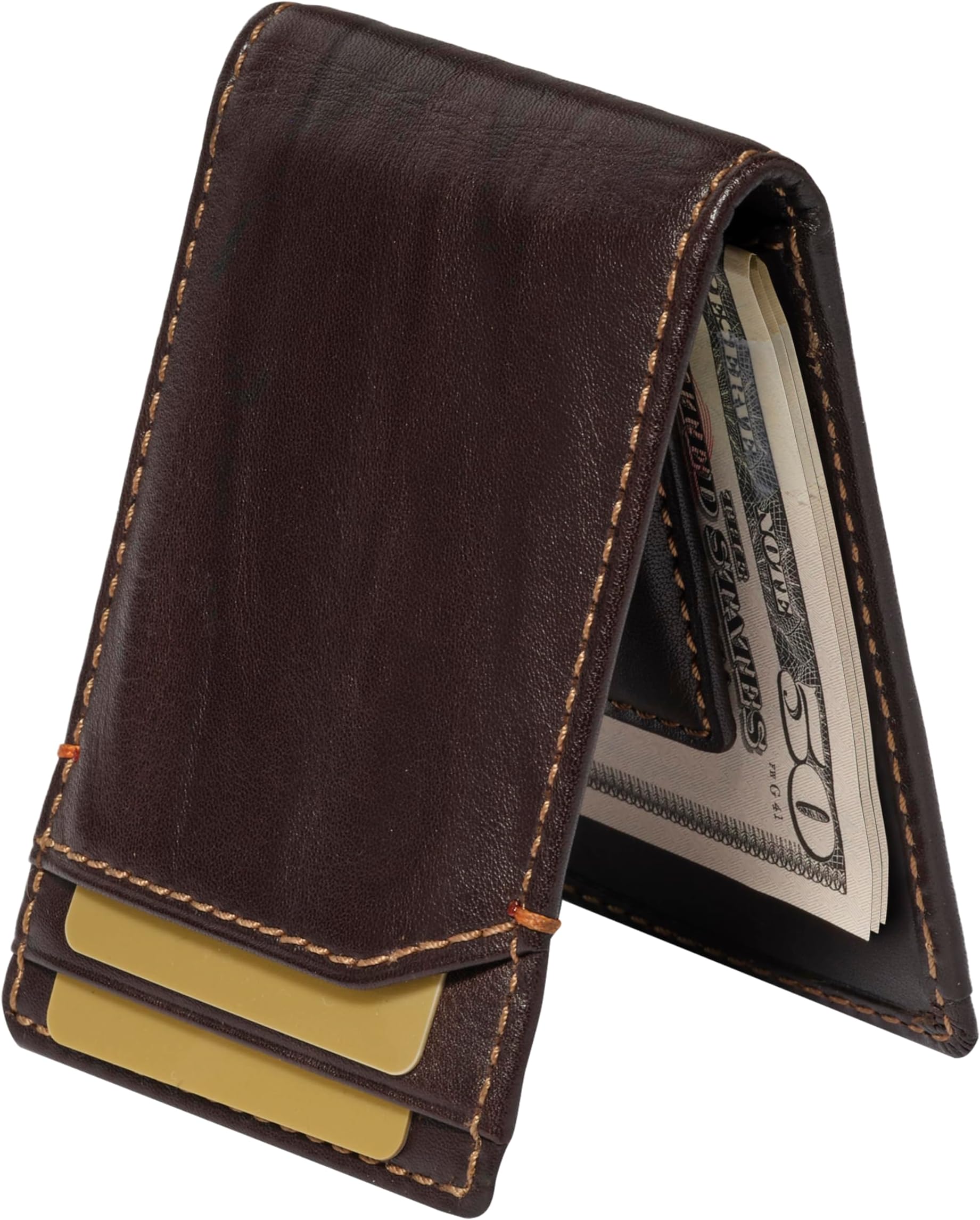 Jack Bifold Magnetic Money Clip Wallet for Men, Slim Front Pocket Wallet with Strong Interior Magnetic Clip, ID Window, Full Grain Cowhide, Brown