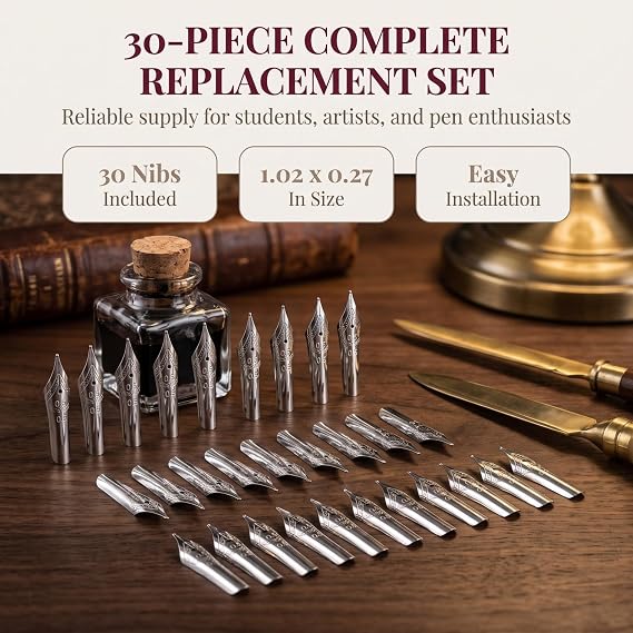 STOBOK 30Pcs Fountain Pen Replacement Nibs Set Steel Calligraphy Pen Tips 0.5Mm for Writing Drawing Supplies Students Artists 1.02X0.27X0.11 Inch