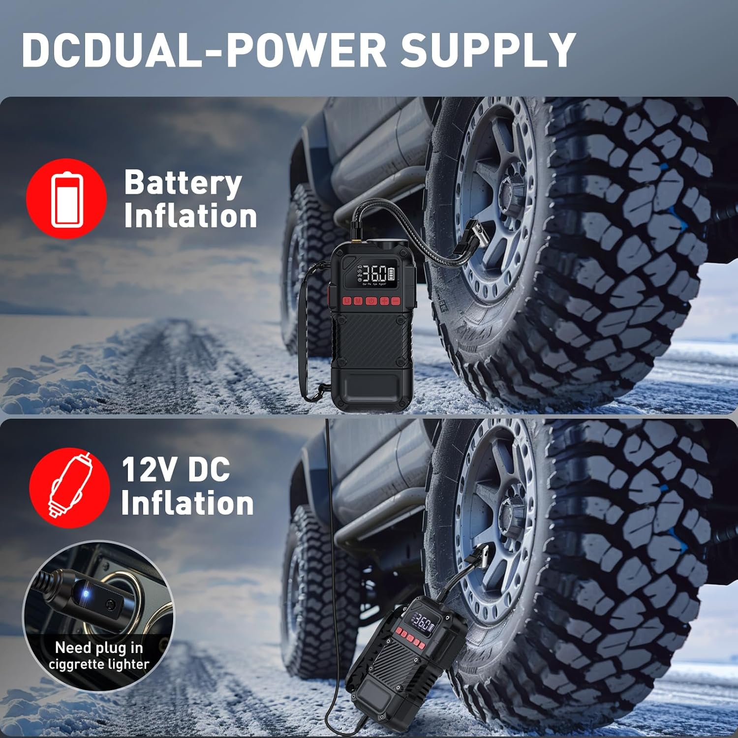 Hajomel HS-B02 inflator showing both battery and 12V DC power options for inflation