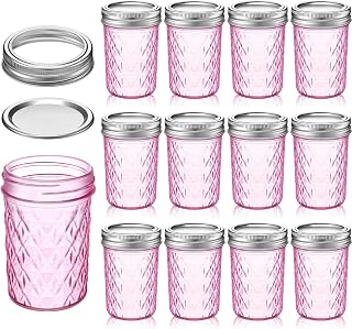 Zhehao 12 Pcs Mason Jars 8 oz with Regular Lids Mini Canning Jelly Honey Jars for Wedding Shower Favors DIY Projects Candle Holding Spice Jam Fruit Smoothie Salad Dressing Ketchup(Pink)