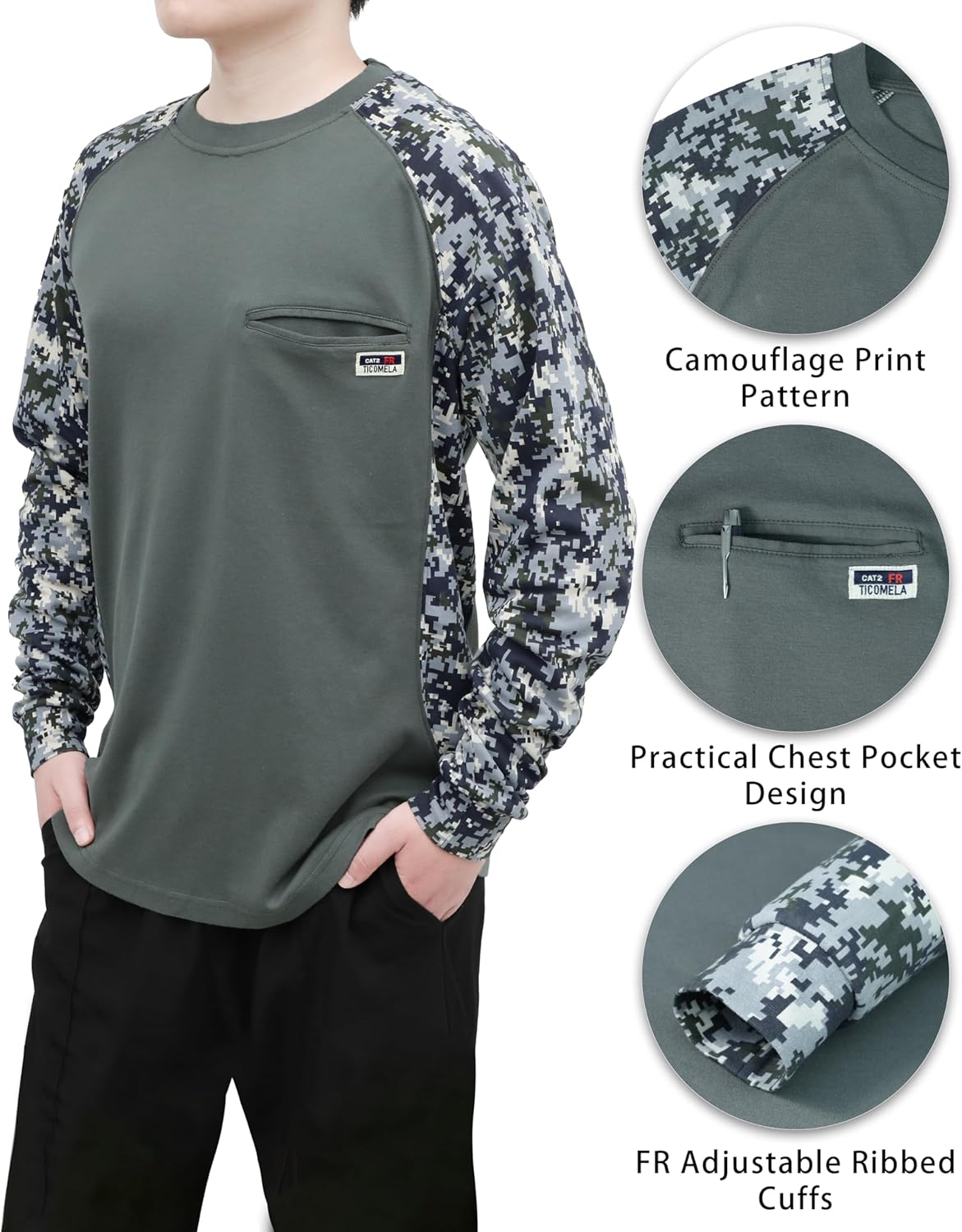 TICOMELA FR Camo T-Shirt for Men, 5.5oz Lightweight Flame Resistant Long Sleeve Work Shirt – NFPA 2112 Certified Crewneck - Image 4