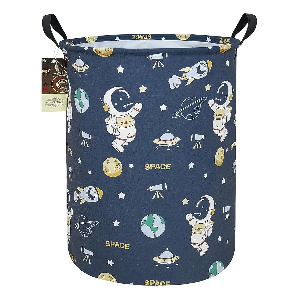 HUNRUNG Laundry Hamper,Large Canvas Fabric Lightweight Storage Basket Toy Organizer Dirty Clothes Collapsible Waterproof for College DormsRound-Blue Space Astronaut