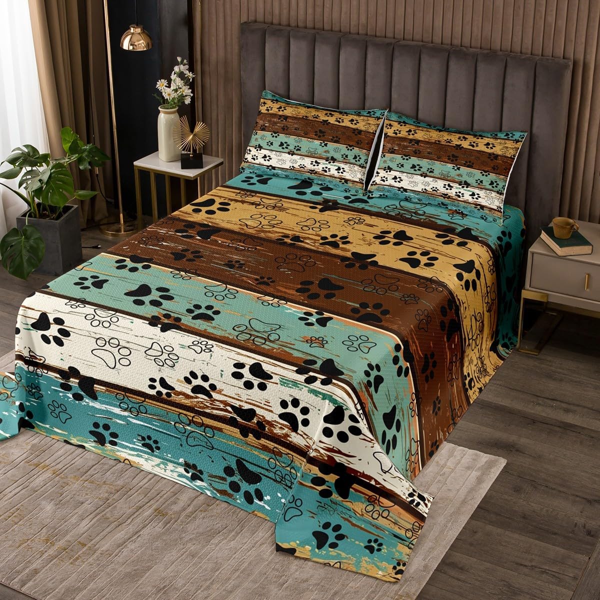 Manfei Dog Paw Print Bedspread Queen Size, Animal Theme Coverlet Set for Kids Boy Girls Room Decor, Farmhouse Blue Brown Wooden Plank Quilted Coverlet with 2 Pillowcases, Soft Polyester Bedding Quilt
