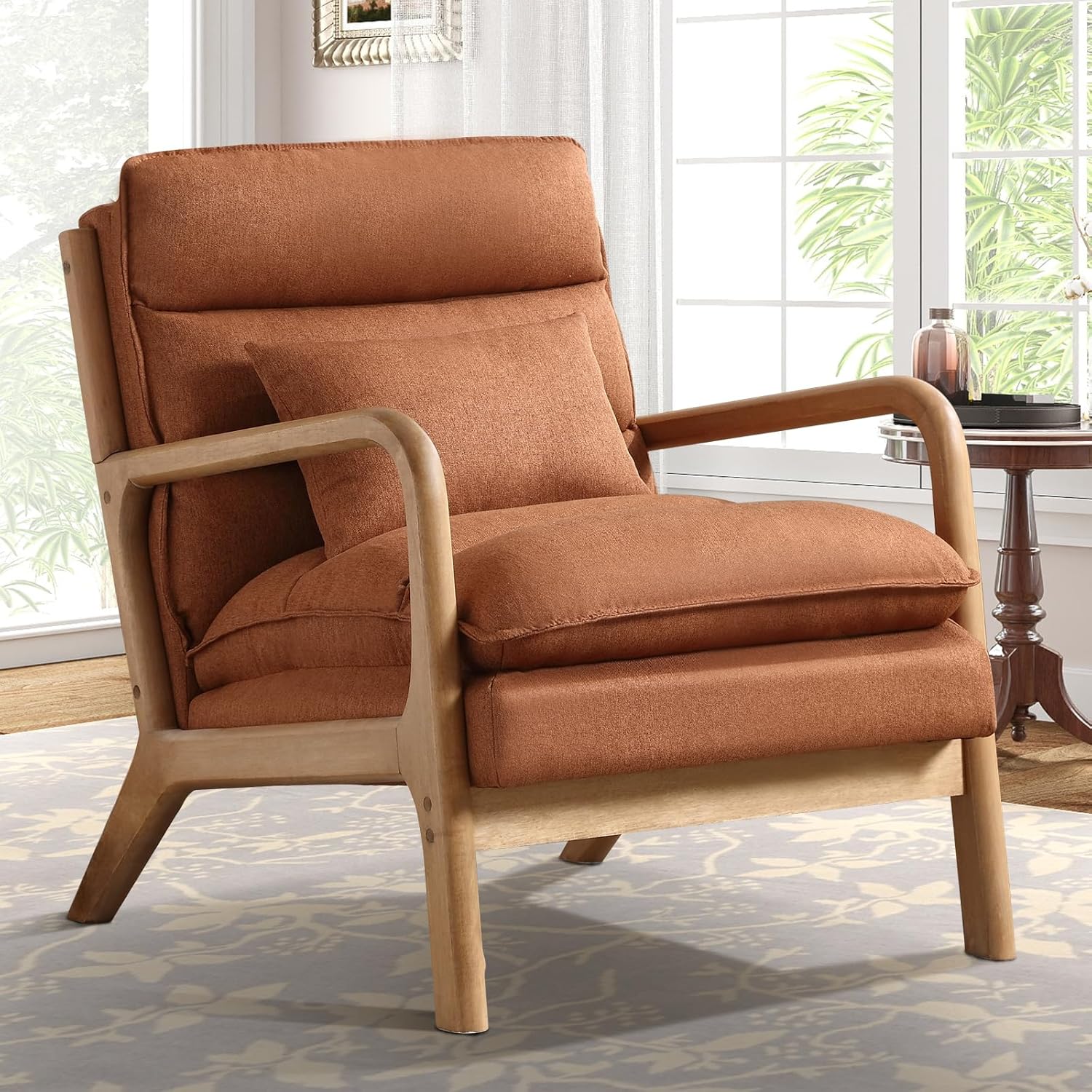 Mid Century Modern Accent Chair, Upholstered Lounge Armchair with Plump Back Pillow, Comfy Reading Chair with Solid Wood Frame for Bedroom Living Room, Brown