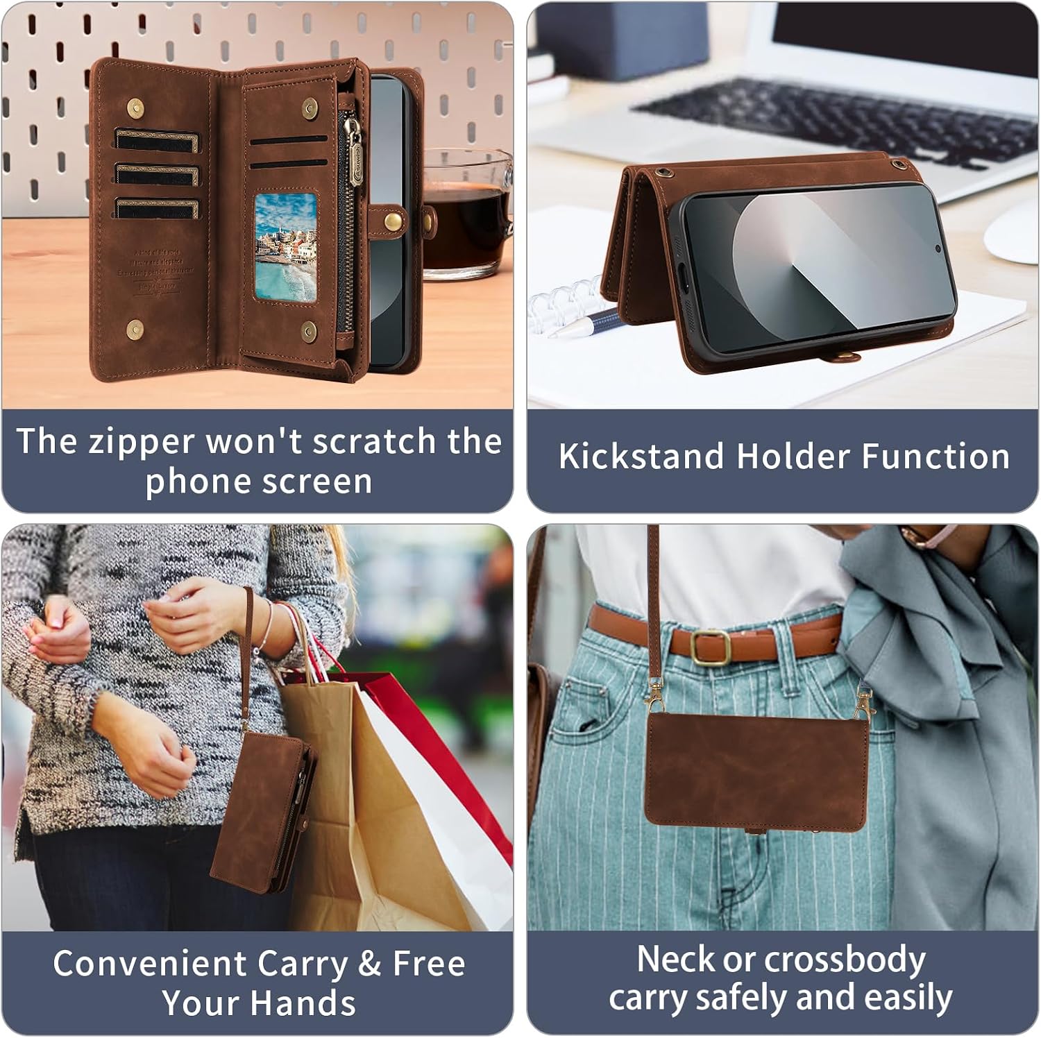 Asuwish Phone Case for Samsung Galaxy Z Fold 6 5G 2024 Zipper Wallet Detachable Cell Cover with Tempered Glass Screen Protector Crossbody Strap Flip Card Holder ZFold6 Z6 G Fold6 6Z Women Girls Brown