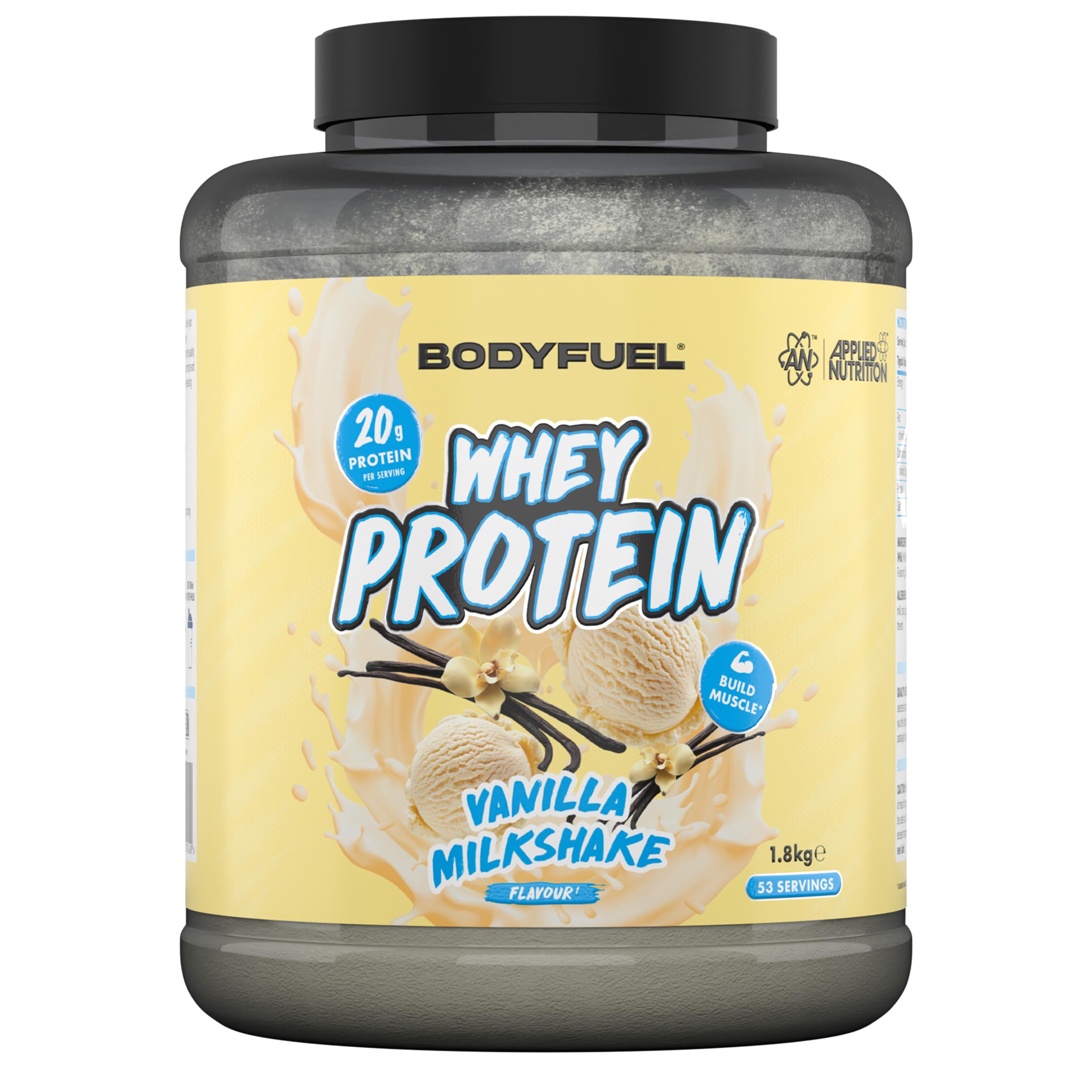 Bodyfuel Whey Protein Powder - 20g Protein for Muscle Recovery & Weight Management - Low-Calorie, Keto-Friendly - (1.8kg - 53 Servings) (Vanilla Milkshake)