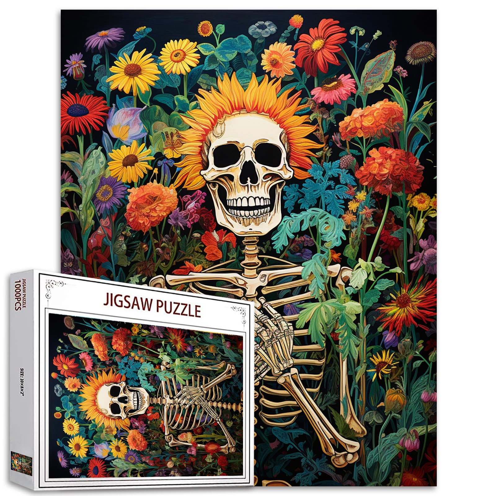 Tucocoo Human Skeleton Jigsaw Puzzle 1000 Pieces Puzzles for Adults, Skullman Wildflowers Artwork Jigsaw Puzzles for Challenging Family Activity Games Colorful DIY Puzzle for Home Decor Gifts โ image 1