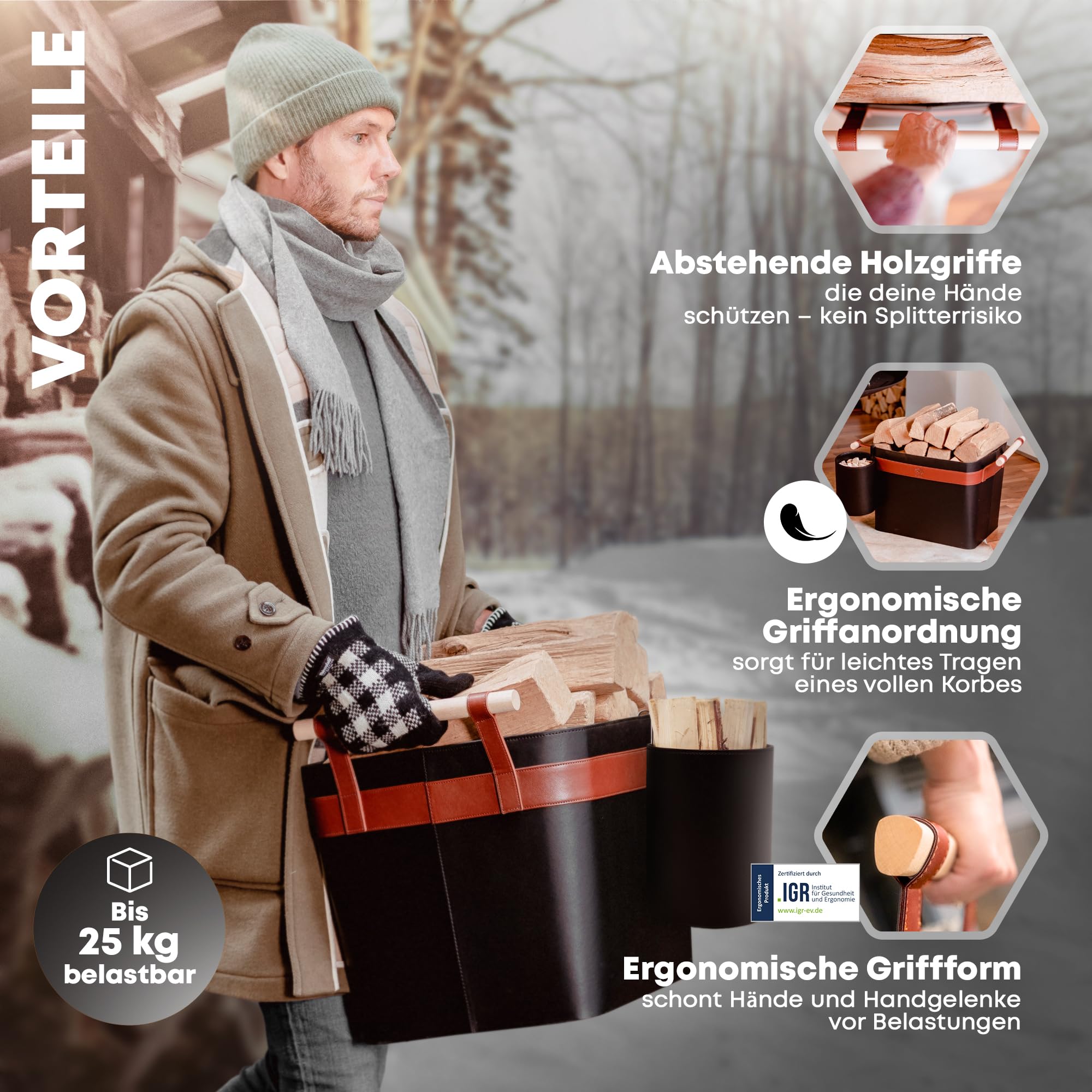 OAKAGE® Holzkorb für Kaminholz Groß aus veganem Leder Kaminholzkorb Feuerholzkorb Brennholzkorb Kaminkorb | Korb Bundle