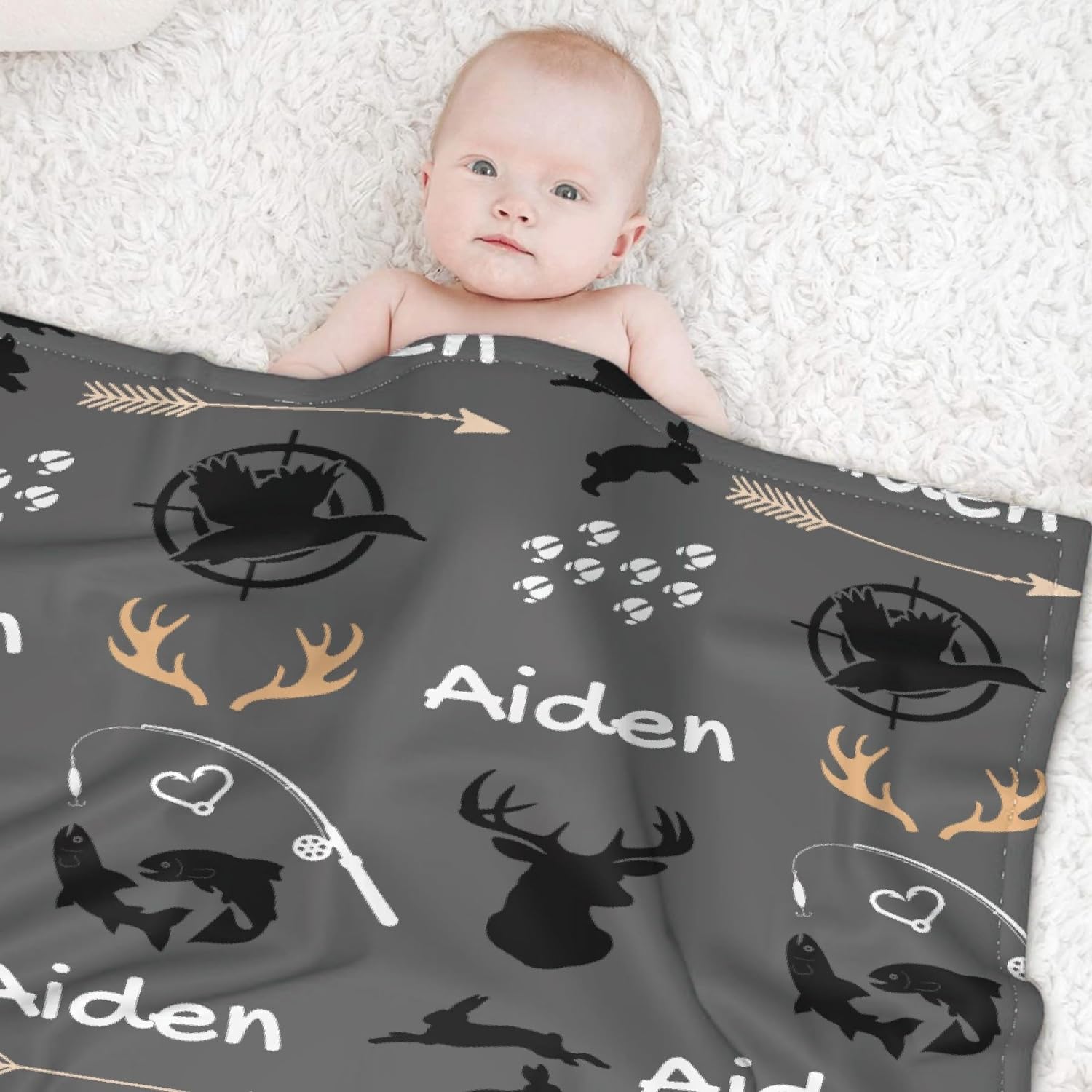 Personalized Baby Blanket Customized Deer Duck Fish, Hunting Blanket for Boy Girl Gifts, Wildlife Flannel Nursery Newborn Soft Infant Toddler Crib Bedding 40''x 50'' for Kids