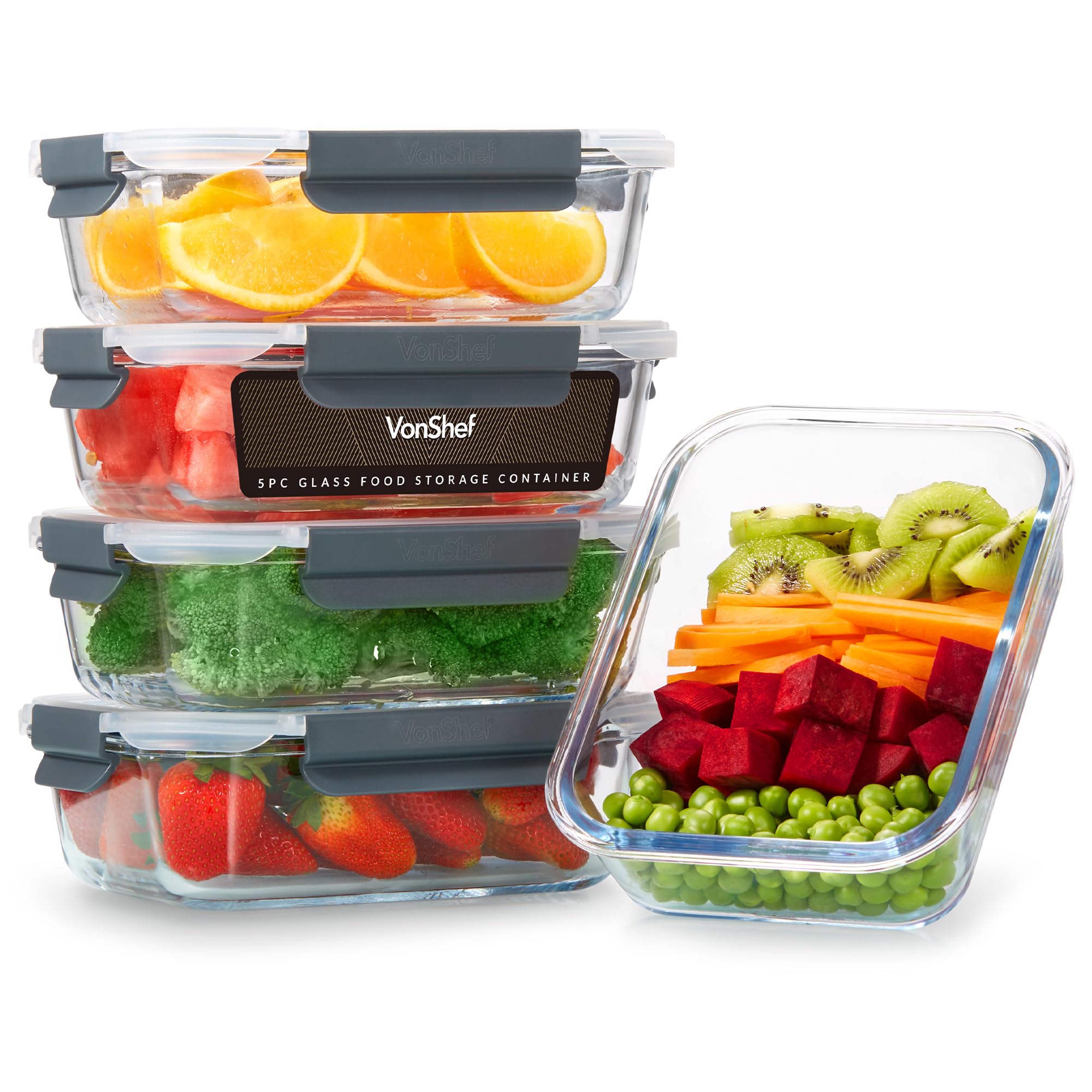 VonShef Glass Containers with Lids - 5 Piece Meal Prep Food Lunch Boxes 1L Capacity, Oven and Dishwasher Safe, Airtight Leakproof Seal Great for Batch Cooking