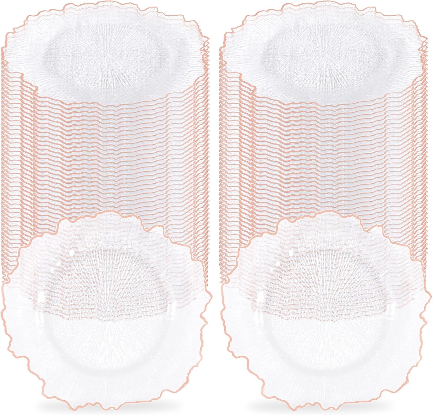 100Pcs Clear Charger Plates Bulk Wedding - 13" Premium Plastic Ruffled Gold Rim Chargers with Flora Reef Design，Decorative Dinner Charger Plates for Events & Parties