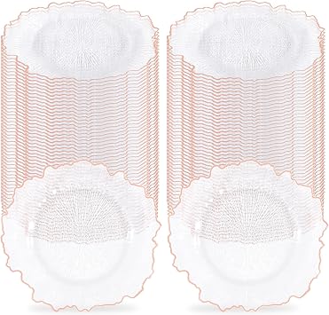 100Pcs Clear Charger Plates Bulk Wedding - 13" Premium Plastic Ruffled Rose Gold Rim Chargers with Flora Reef Design,Decorative Dinner Charger Plates for Events & Parties