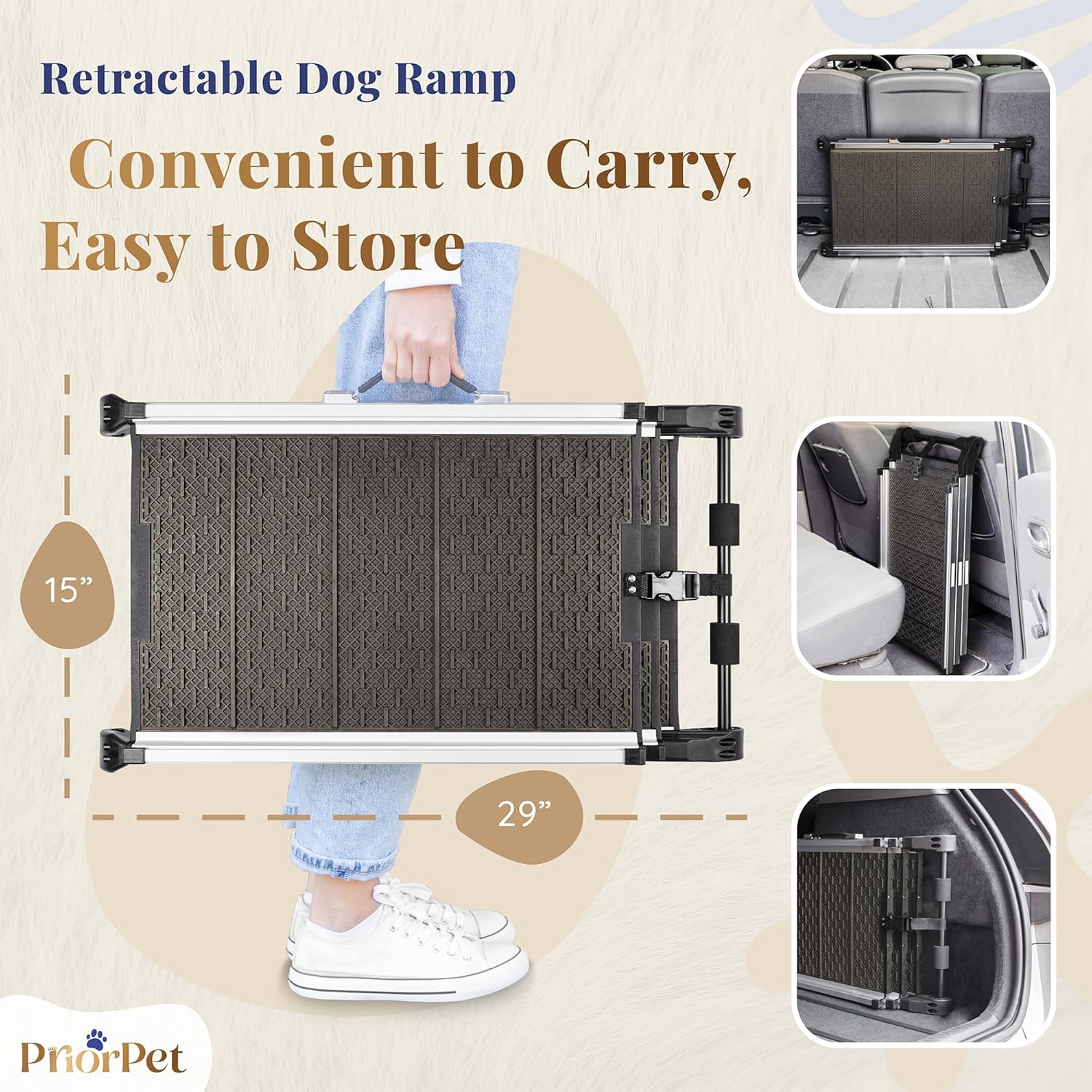 Dog Ramp for Car - Stable Anti-Slip Dog Car Ramp for Large Dogs - 63" Long & 15" Wide - 250LBS Capacity - Telescoping Pet Ramp - Lightweight - Reflective Sides - Fixing Clip - Shadow Gray
