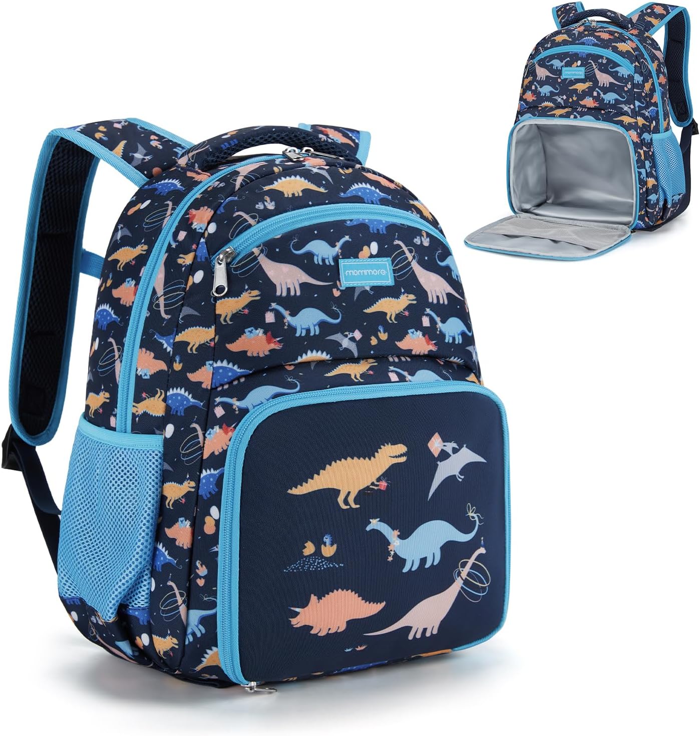 mommore 2-in-1 Kids Backpack, Insulated Lunch Compartment Dinosaur Toddler Backpack Lightweight Kindergarten Preschool Bookbag for Boys with Chest Strap, for Travel Daycare, Blue