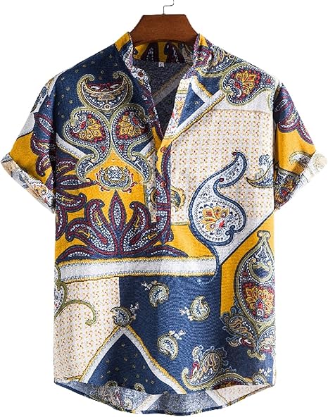 Amazon Co Jp メンズコットンリネンシャツ半袖 ヒッピーカジュアルビーチtシャツ スタンドアップカラーエスニックプリント半袖トップ 5 M 服 ファッション小物