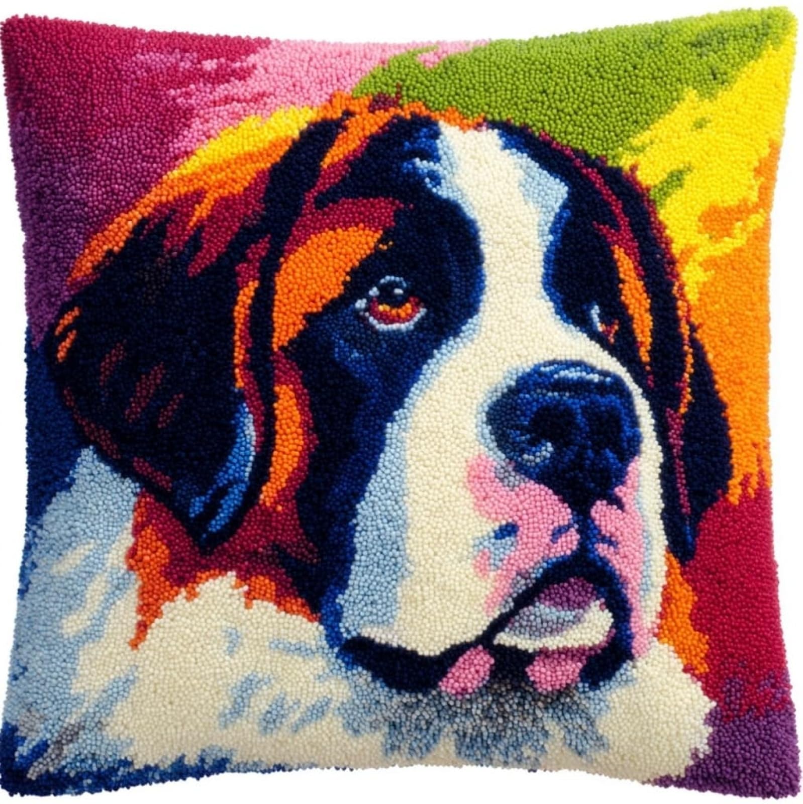 AxiangziK Latch Hook Pillow Kit 17x17in,Saint Bernard Dog DIY Embroidery Cushion for Adults Beginners with Latch Hook Tool for Home Sofa Bedroom Decor