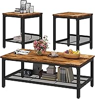 Vista 1 de DKLGG Coffee Table Set of 3, Vintage Wood Coffee Table & 2 End Tables, Square Tabletop Modern Industrial Living Room 3-Piece Set for Apartment Home