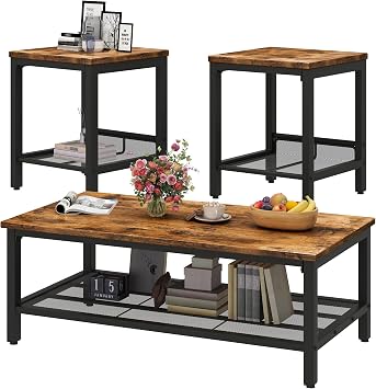 DKLGG Coffee Table Set of 3, Vintage Wood Coffee Table & 2 End Tables, Square Tabletop Modern Industrial Living Room 3-Piece Set for Apartment Home Office, Rustic Brown